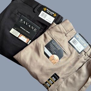 2 - Mens 36x30 Savane Dress Pants Black Khaki Pleated Cuffed Expandable Comfort
